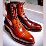 Custom Tan Leather Ankle Boots Handmade Lace-Up Vintage Style