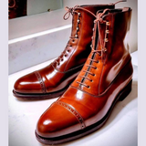 Custom Tan Leather Ankle Boots Handmade Lace-Up Vintage Style