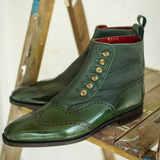 Green Leather Wingtip Ankle Boots Handmade Vintage Style