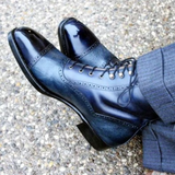 Blue Leather Cap Toe Lace-Up Ankle Boots  Handmade Luxury