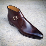 Burgundy Leather Monk Chukka Boots Handmade Tailored Style