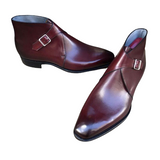 Burgundy Leather Monk Chukka Boots Handmade Tailored Style